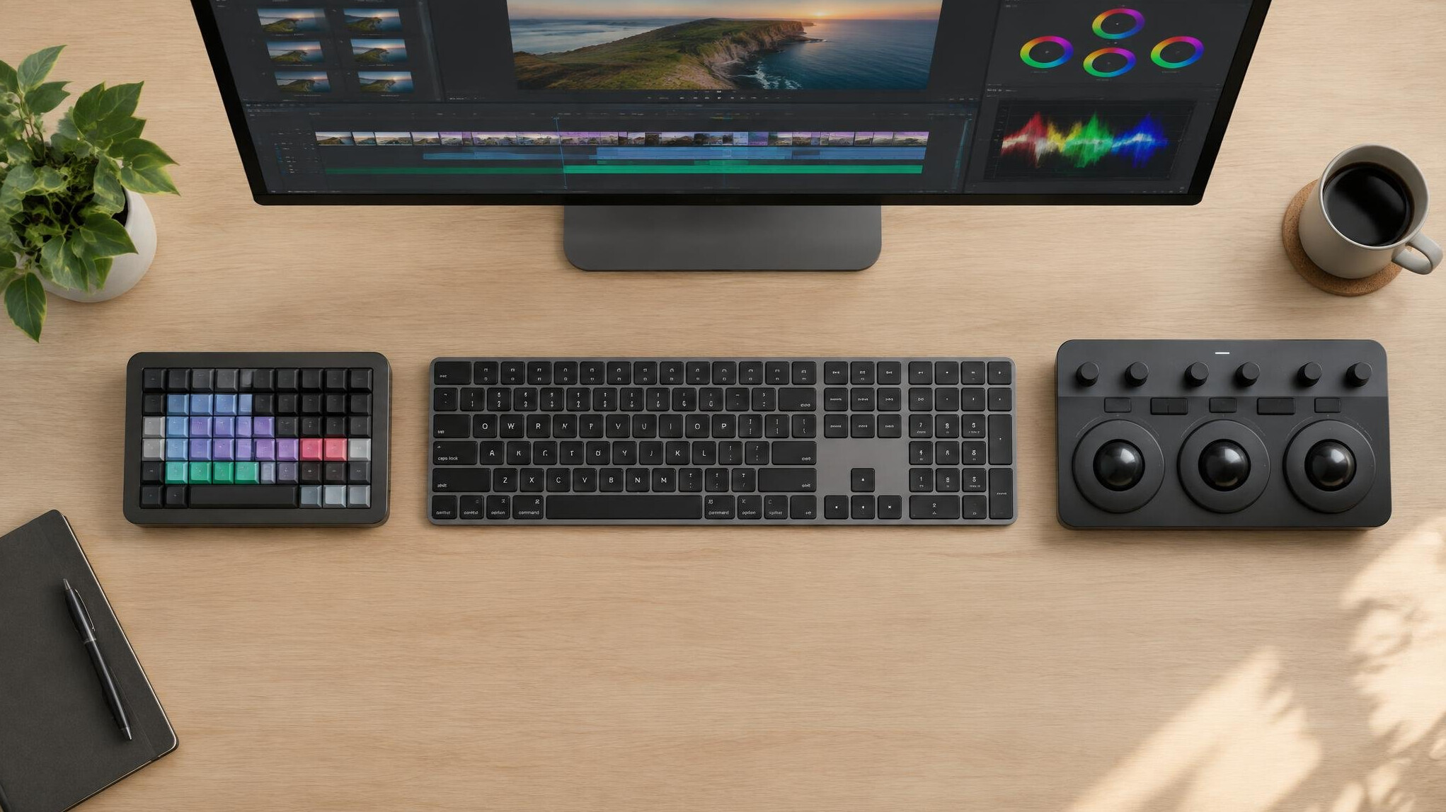Editing workstation with keyboard, shortcut panel and color control surface