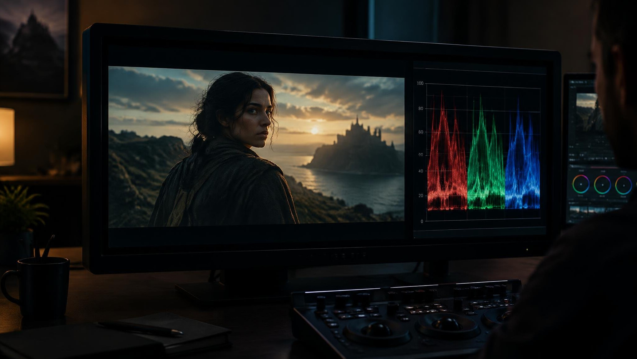 Color grading monitor displaying waveform and a graded film still
