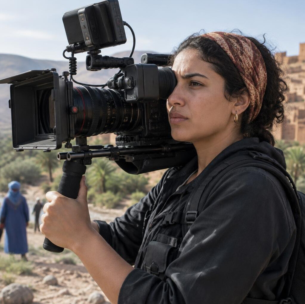 Woman of North African descent operating a handheld camera on a film shoot