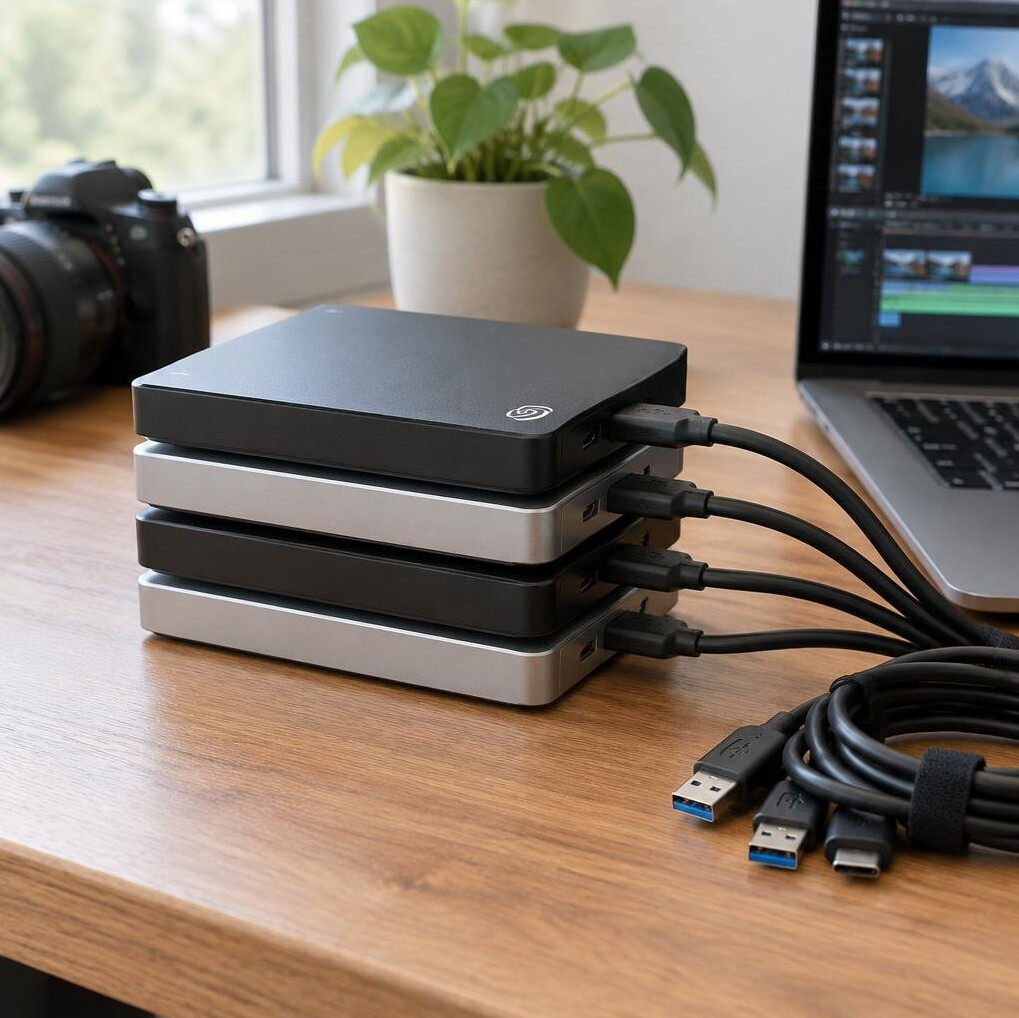 Stack of external hard drives and cables used for video footage backup
