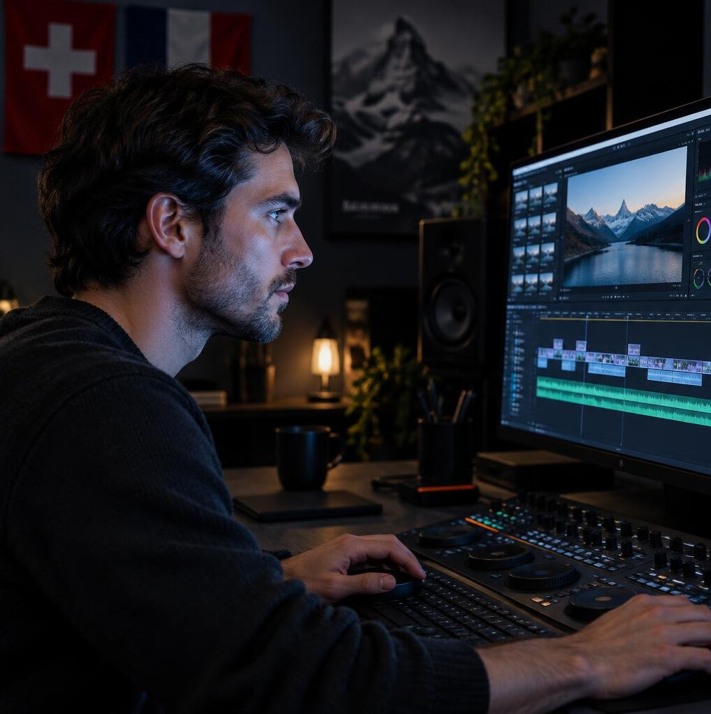 Swiss-French man editor focused while working at an editing console