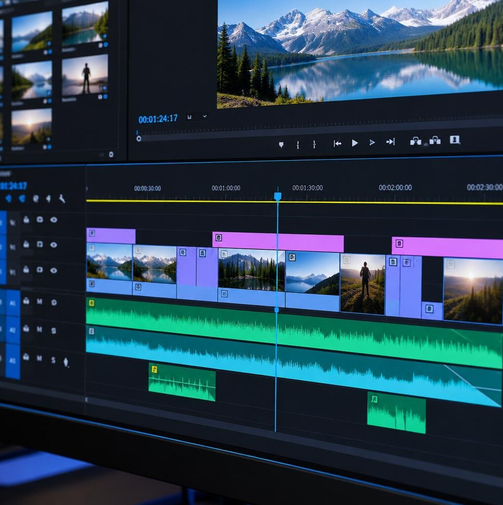 Close-up of a colorful video editing timeline on a computer screen