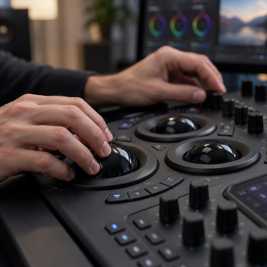 Hands adjusting a color grading control surface with trackballs