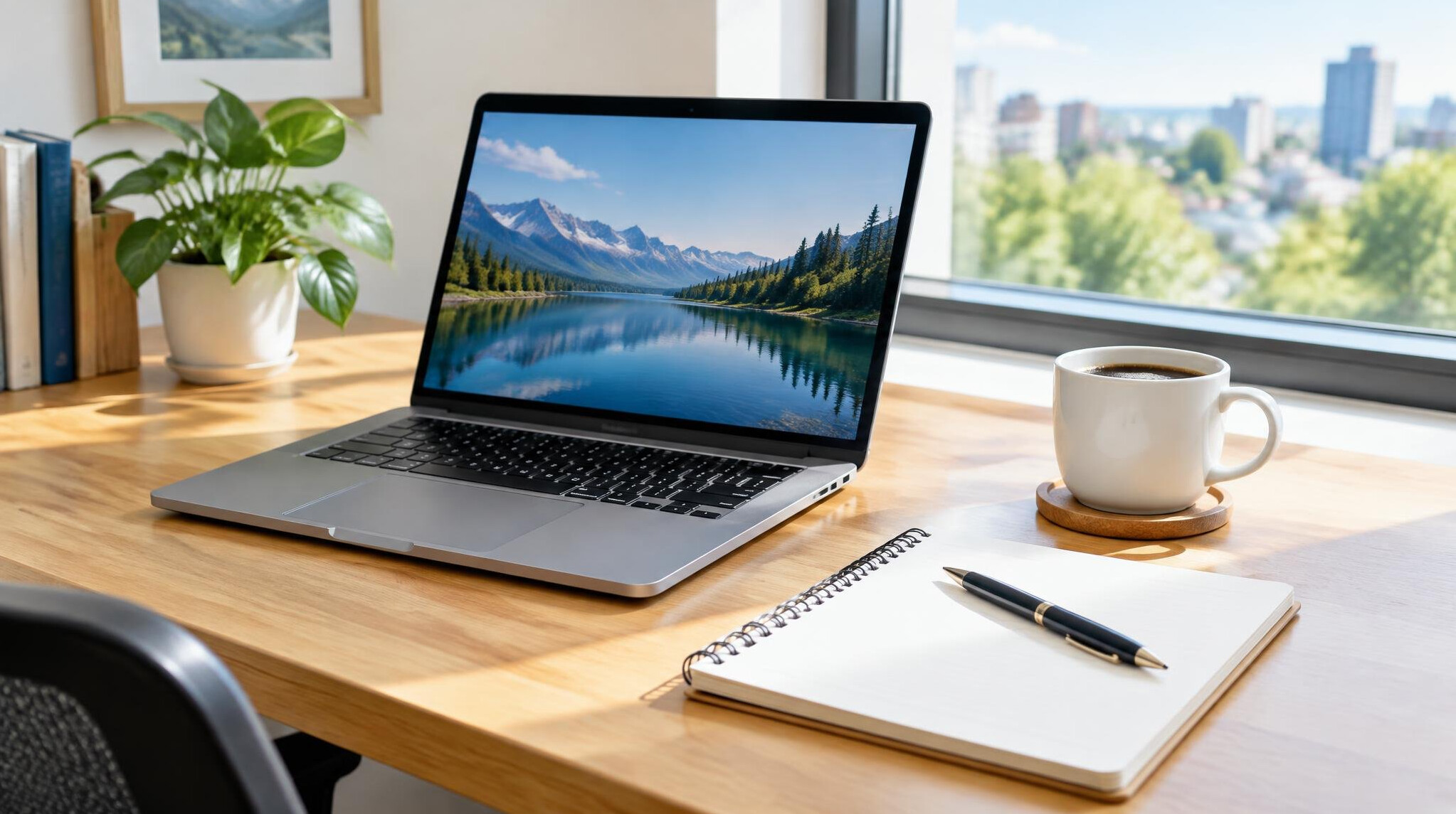 Desk with a laptop, notebook and coffee cup in a bright office