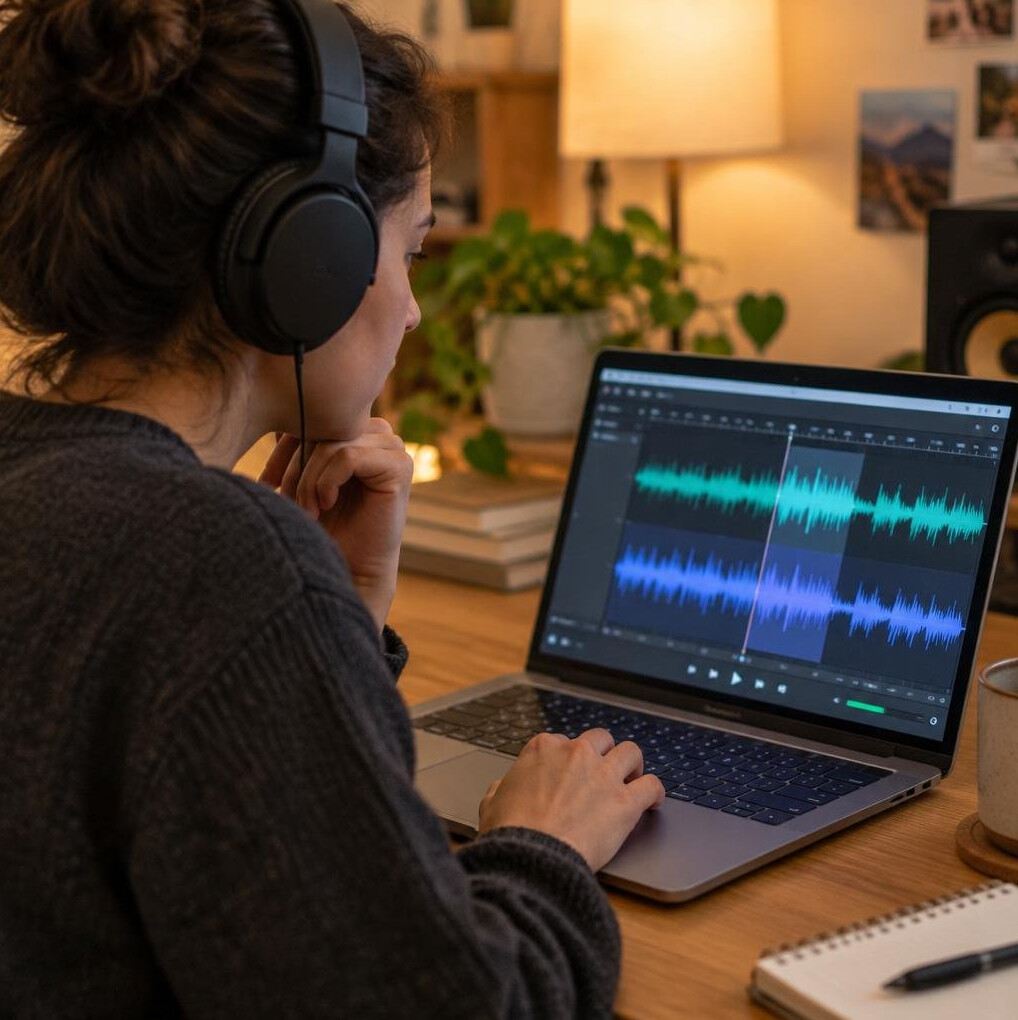 Person wearing headphones editing an audio waveform on a laptop