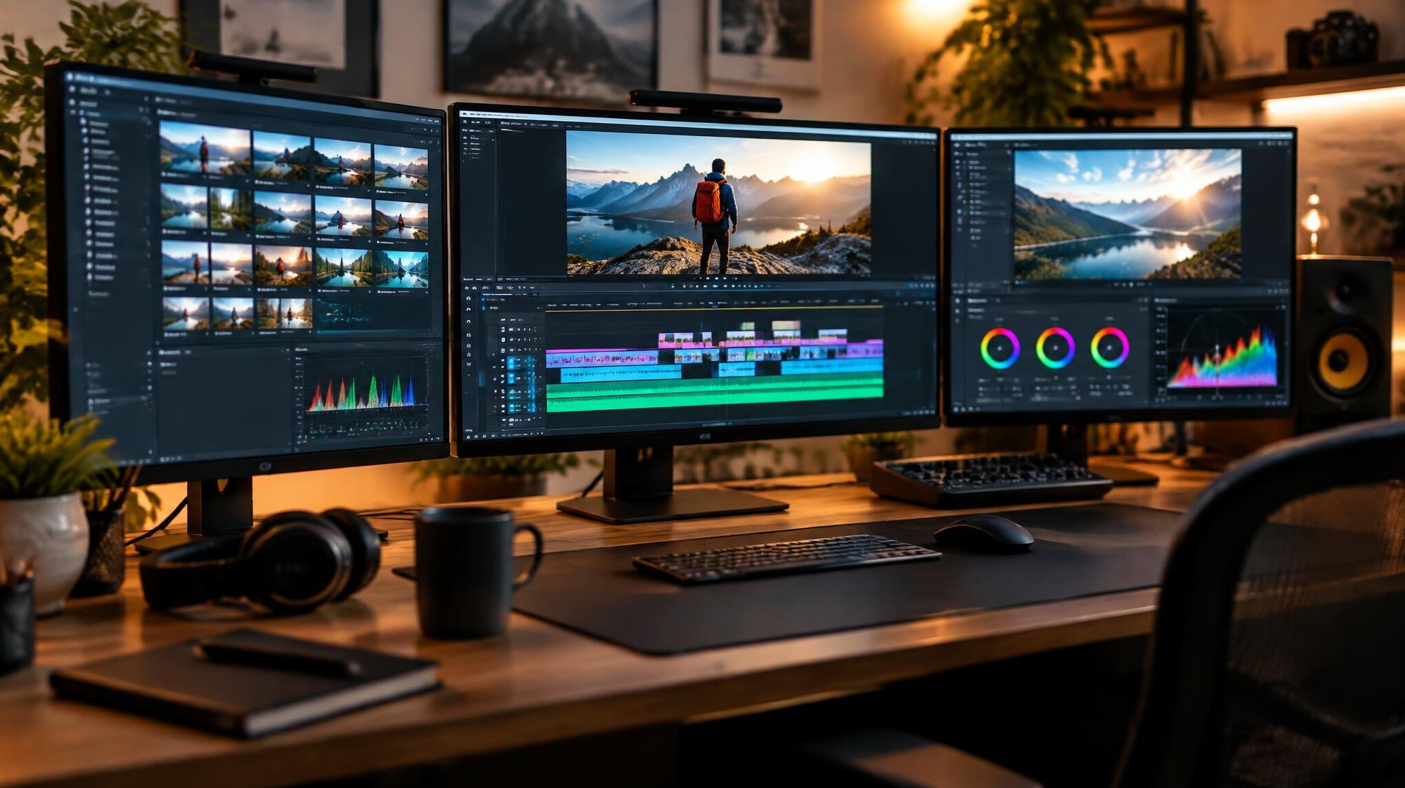 Video editor working at a desk with multiple monitors showing an editing timeline