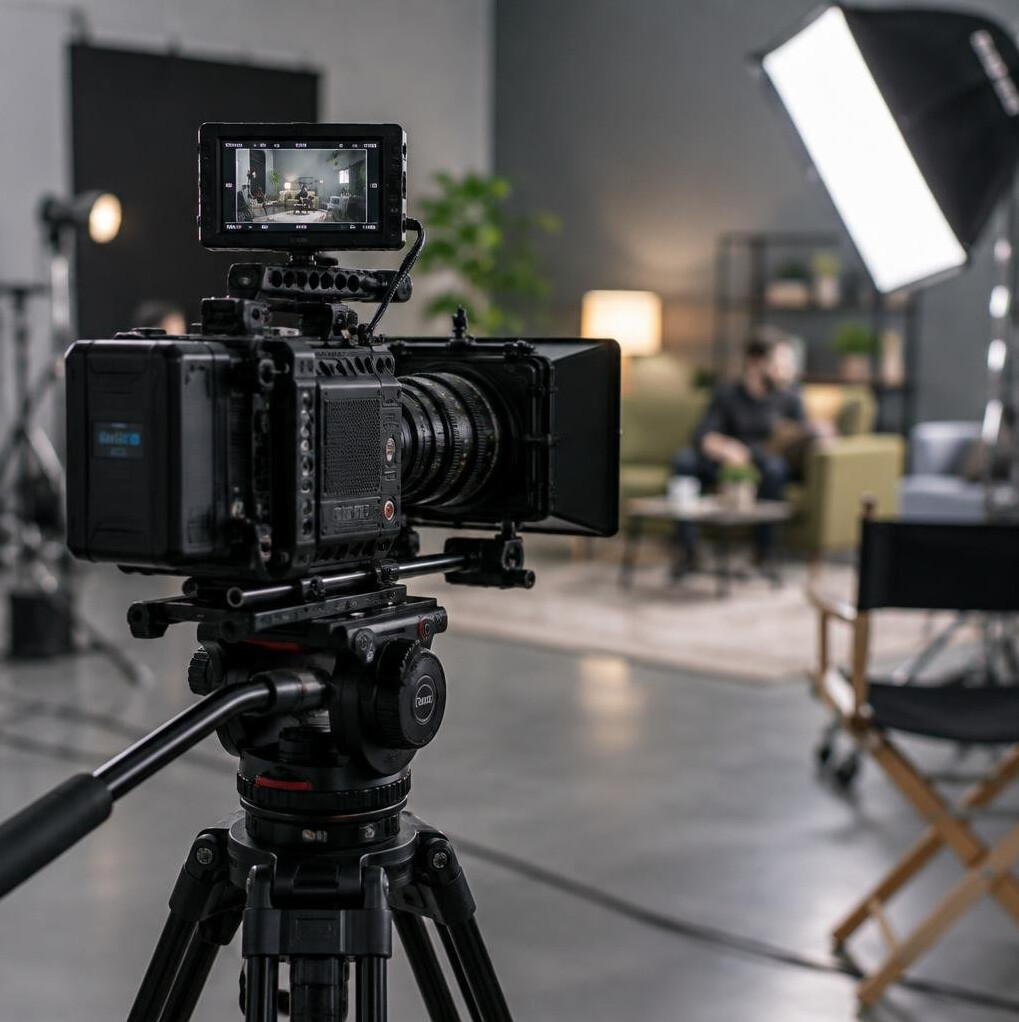 Professional video camera mounted on a tripod on a film set