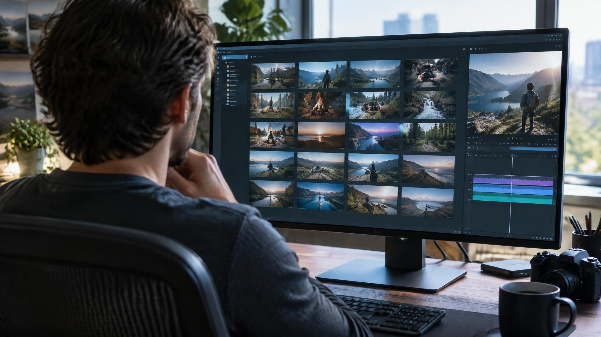 Over the shoulder view of an editor reviewing footage on a monitor