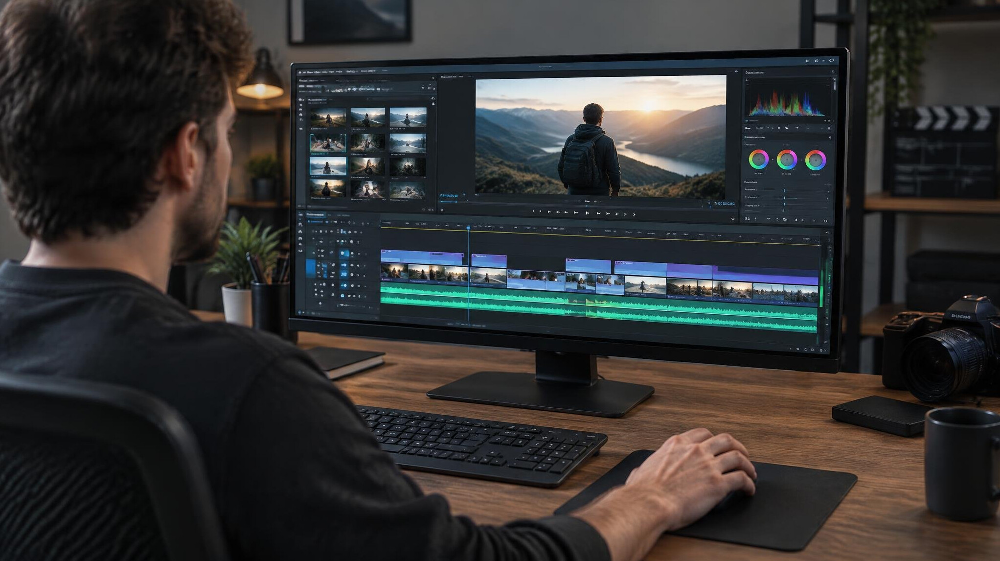 video editor at desk