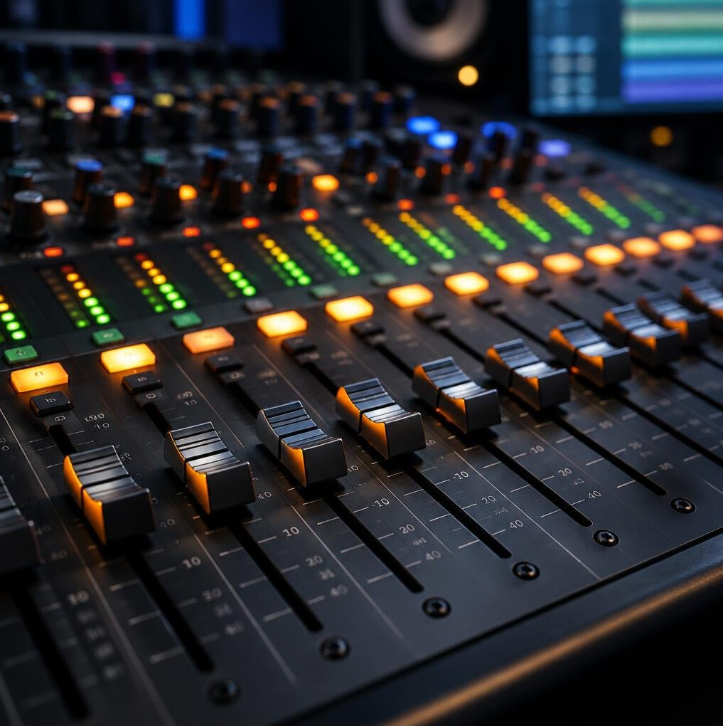 Audio mixing console with sliders and faders