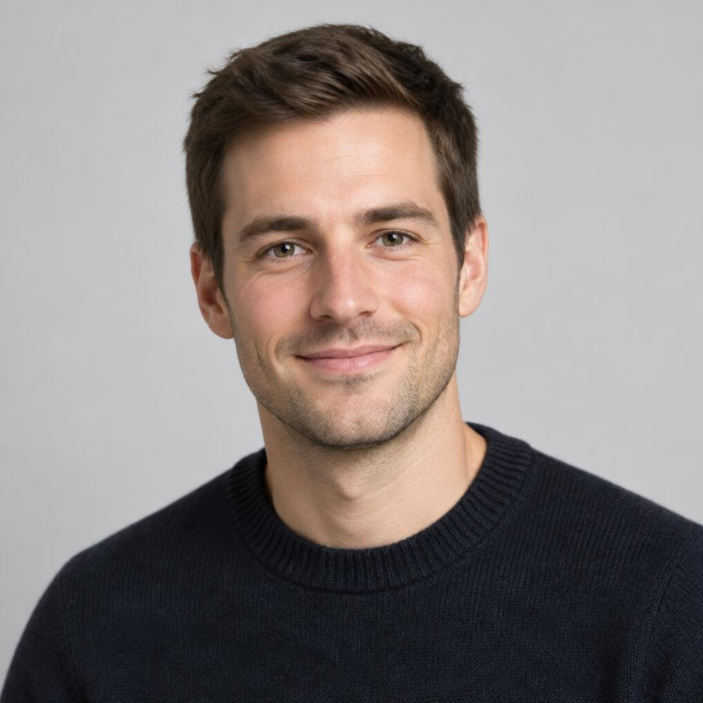 Portrait of a Swiss man in his thirties, video editor, smiling softly